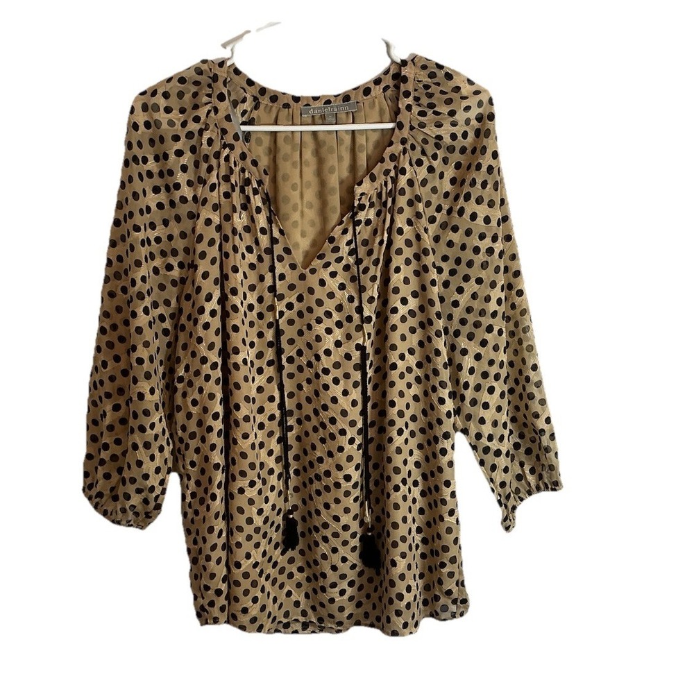 Daniel Rainn Long Sleeve Tassel Tie Gold Shine Black Polka Dot Blouse‎ - Size M